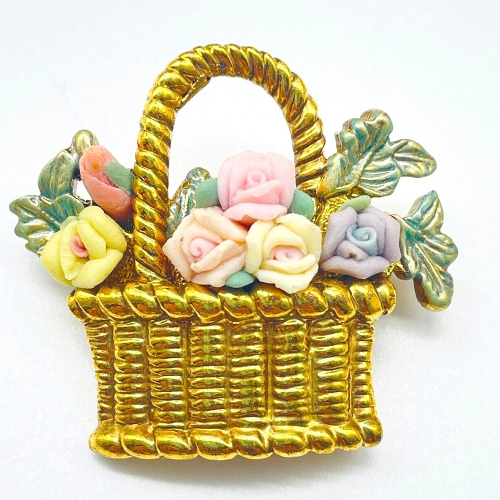 Signed MFA Museum of Fine Arts Floral Basket Brooch Pastel Roses Gold Tone